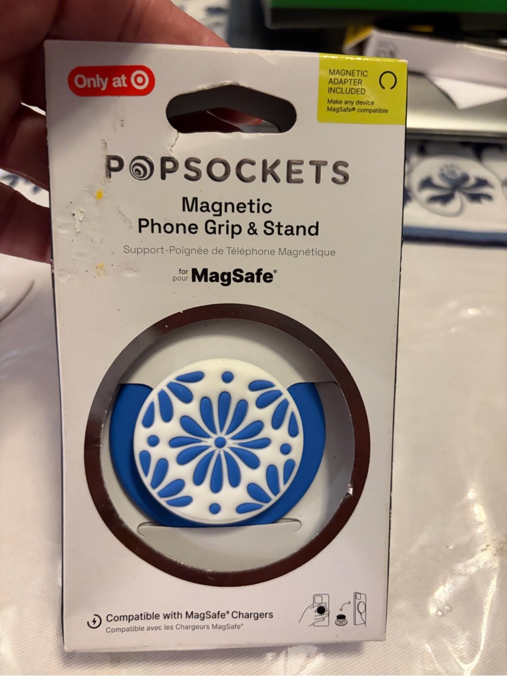 PopSockets Magnetic Phone Grip & Stand in Blue and White Floral Design